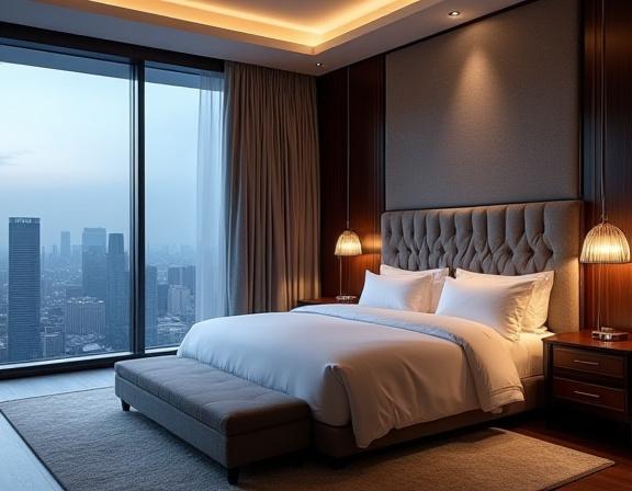 Luxurious penthouse bedroom with custom headboard and city views.